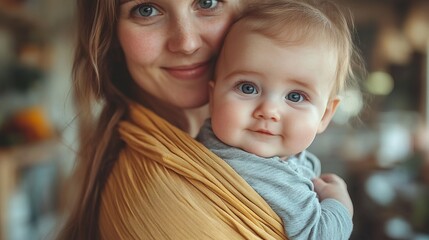 Obraz premium mother holding small baby while cleaning dishes carrying him around house in baby wrap household chores
