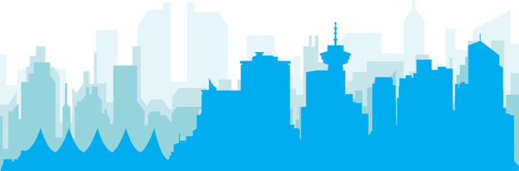 Blue panoramic city skyline poster with bluish misty transparent background buildings of VANCOUVER, CANADA