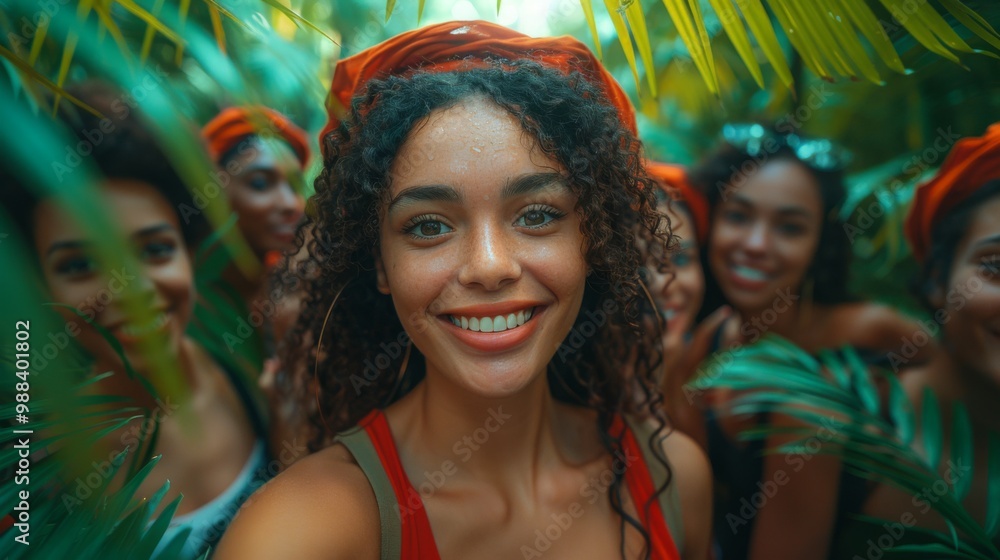 Poster design an image of a multinational group of volunteers taking selfies at the amazon rainforest, unit