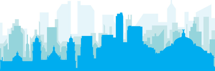 Fototapeta premium Blue panoramic city skyline poster with bluish misty transparent background buildings of MEXICO CITY, MEXICO