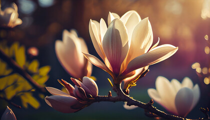 Beautiful blooming magnolia flower on branch, spring fresh air morning after rain. Natural sunlight bokeh. Generative AI