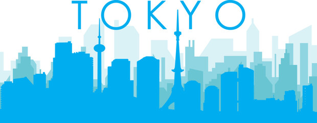 Blue panoramic city skyline poster with bluish misty transparent background buildings of TOKYO, JAPAN