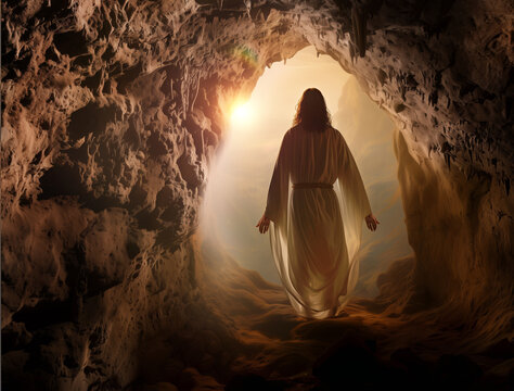 The resurrected Jesus comes out of the grave. Jesus is risen illustration.
