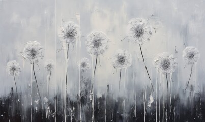 Oil Drawing Dandelion, Black and White Textured Dandelions Picture, Stylish Painting on Canvas