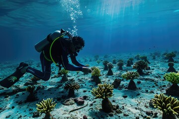 Diver Plants Small Corals on Ocean Floor, Restoration of Dead Corals, Coral Plantation
