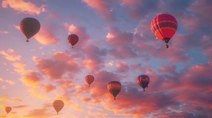 Obraz premium Colorful hot air balloons in the sky at sunrise