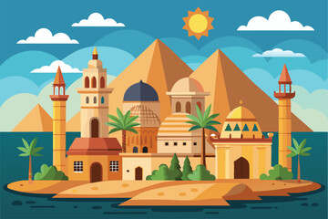 A vibrant cartoon depiction of iconic Cairo landmarks set against the backdrop of the Nile River and pyramids during a beautiful sunset.