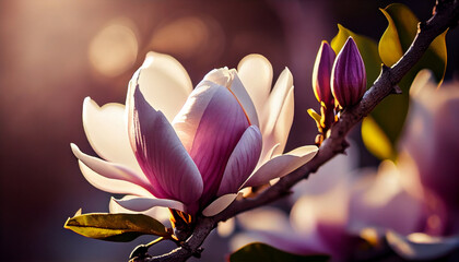 Beautiful blooming magnolia flower on branch, spring fresh air morning after rain. Natural sunlight bokeh. Generative AI