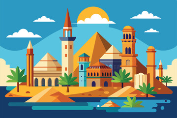 A vibrant illustration showcases the iconic pyramids, historic buildings, and palm trees of El Cairo by the water under a sunny sky.
