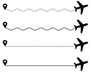 airplane travel straight and dotted path and location pin icon for web and apps