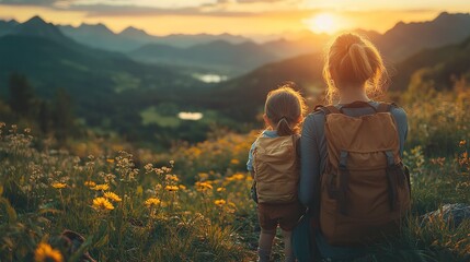 Fototapeta premium mother with small toddler daughter hiking outdoors in summer nature resting