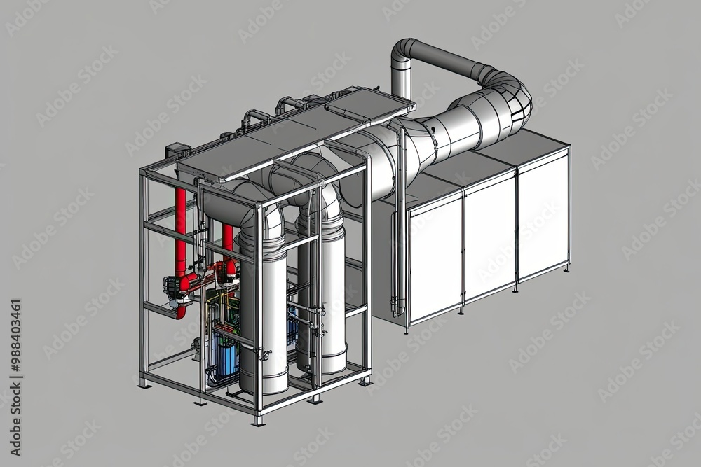Poster optimized industrial exhaust system cad model and technical design blueprint