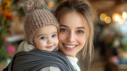 Obraz premium mothers carrying babies in carriers slings or wraps babywearing