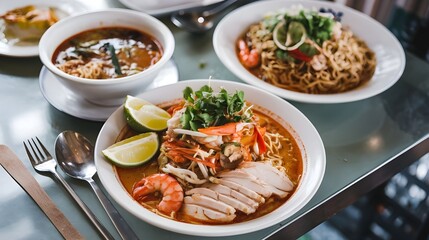 A Penang assam laksa dish on a table. The dish is a Malaysian spicy noodle dish popular in Southeast Asia. It features a rich, tangy, spicy broth with rice noodles, sliced chicken, prawns and beans.