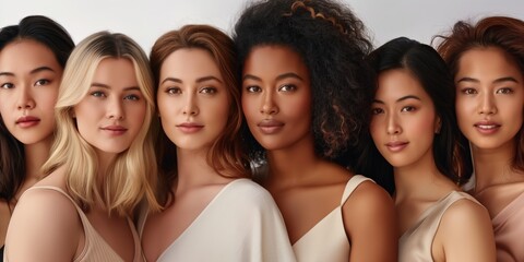 Obraz premium A group of women with different hair colors and styles are posing for a photo. Concept of diversity and inclusivity, celebrating the beauty of different hair types and textures