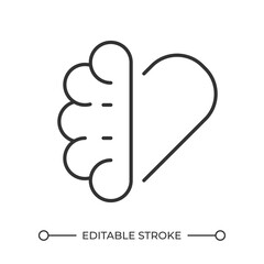 Emotional intelligence linear icon. Heart and brain. Emotional quotient. Emotions and logic balance. Compassion. Thin line illustration. Contour symbol. Vector outline drawing. Editable stroke