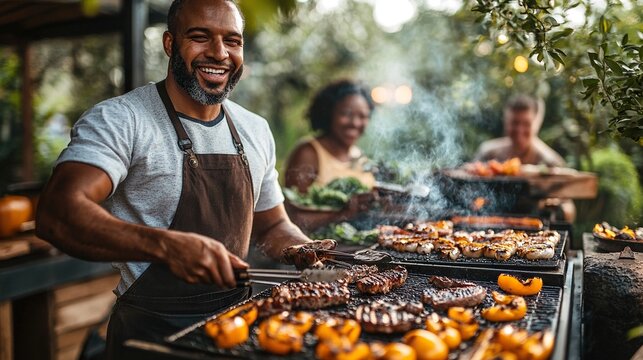 multi generation family grilling outside on patio in summer during garden party