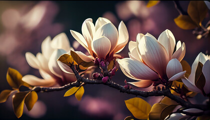 Beautiful blooming magnolia flower on branch, spring fresh air morning after rain. Natural sunlight bokeh. Generative AI