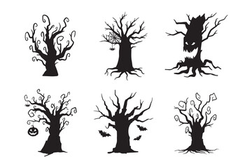 Halloween hand drawn spooky tree doodle silhouette set. Creepy trees 