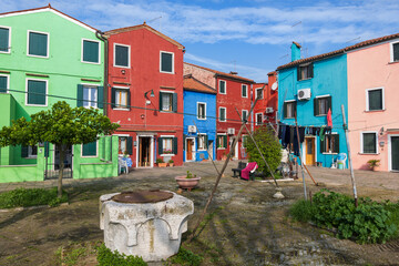 Colorful Houses And Yard On Burano Island, Venice, Italy