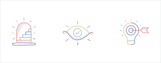 Creative Insights Icon Set. Icons for Goal-Oriented, Creative Exploration, Path to Growth. Vector Editable Stroke and colors.