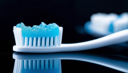 Healthy oral care concept featuring a white toothbrush with blue gel toothpaste and copy space image
