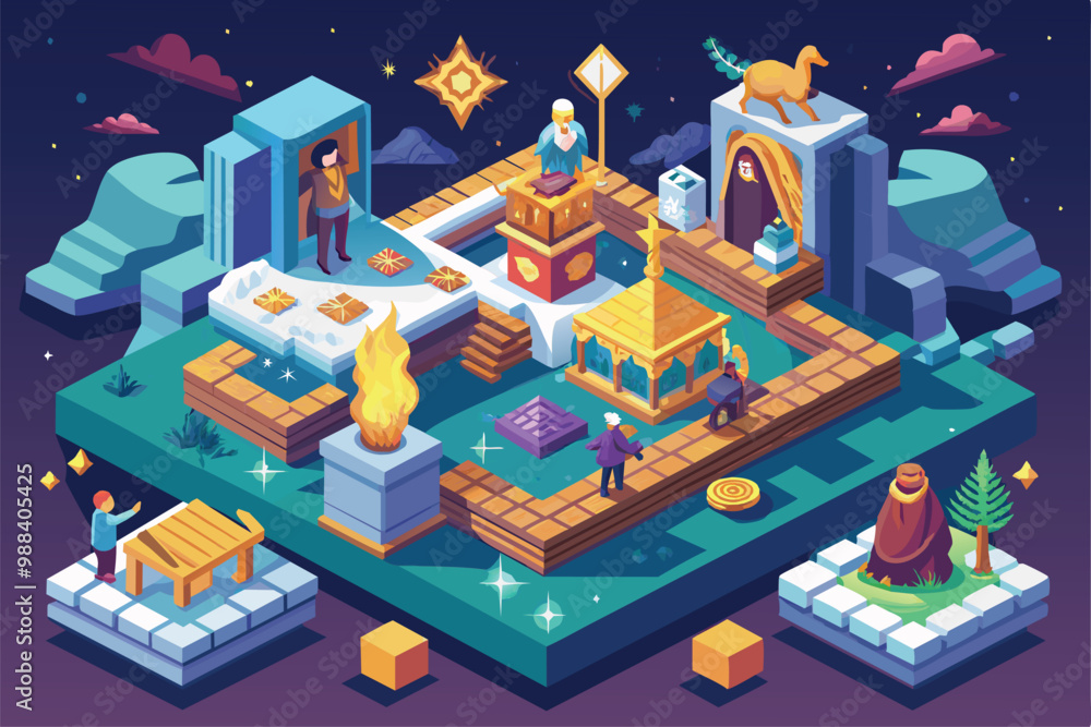 Poster customizable isometric illustration depicts characters interacting with structures and natural eleme