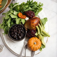 Roasted turkey with stuffing, gravy, and cranberry sauce.