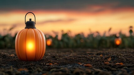 A glowing pumpkin lantern sits on the ground, surrounded by a field at sunset, evoking a warm, autumnal atmosphere.