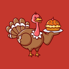 a brown chicken turkey holding a pie Vector Illustration Icon. Flat Cartoon Style