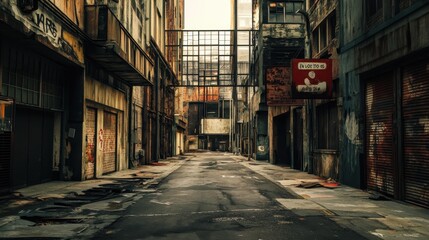 Fototapeta premium Abandoned City Street with Graffiti and Dilapidated Buildings