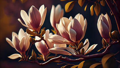 Magnolia tree blossom, spring fresh morning decorative illustration. Springtime liliiflora heaven scent. Generative AI
