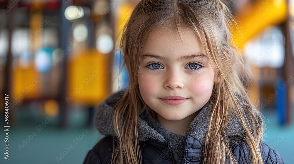 Wall mural outdoor portrait of cute young girl girl with long hair standing on playground in the city