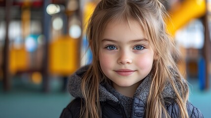 Fototapeta premium outdoor portrait of cute young girl girl with long hair standing on playground in the city