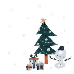 A minimalist illustration featuring a decorated Christmas tree with a star on top, three wrapped gifts, and a cute snowman figure. The muted color palette, snowflake background, and space for text 