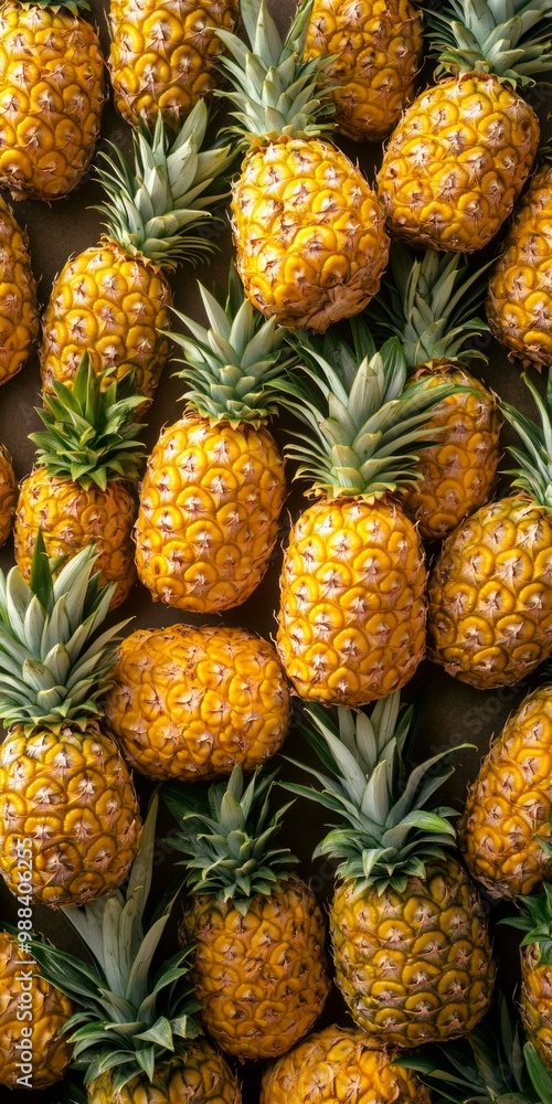 Wall mural Vibrant pineapples are arranged beautifully showcasing their golden yellow and green hues. This image captures a tropical essence and can inspire food arrangements and design projects. AI.