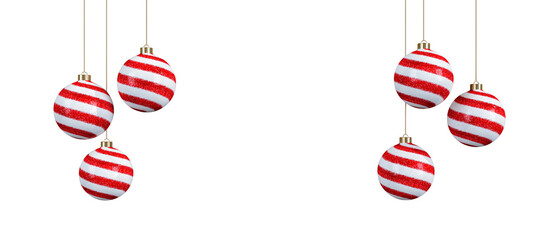 Red and white christmas baubles hanging isolated on white