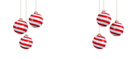 Red and white christmas baubles hanging isolated on white