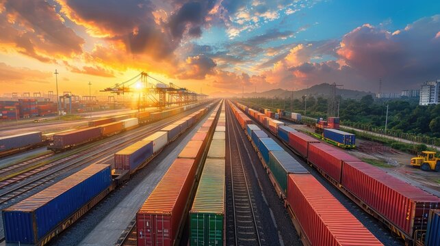 Container train at sunset in port. Perfect for illustrating global trade and transportation.