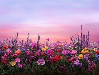 Naklejka premium A vibrant field of colorful flowers under a pastel sky at sunset, showcasing nature's beauty and diversity in bloom.