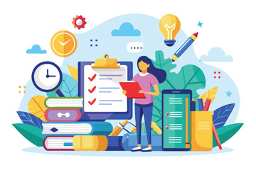 A student stands among books and exam materials, preparing for upcoming tests, surrounded by tools like pens, a checklist, and a clock.