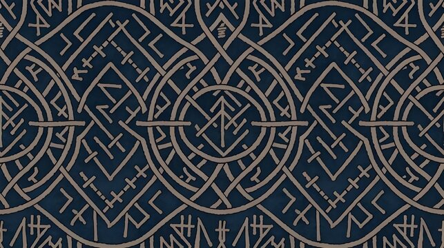 A seamless pattern illustration background featuring mystical runes and symbols. Ancient symbols and sigils intertwine, the background is a deep blue color.