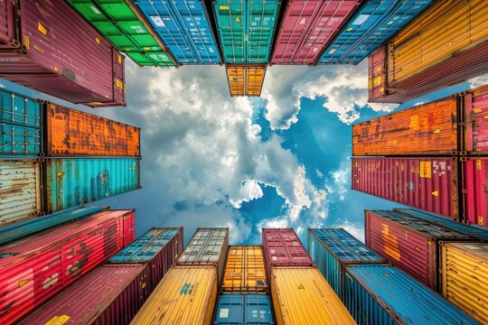 Colorful shipping containers against a blue sky. The image depicts the global trade and transportation industry.