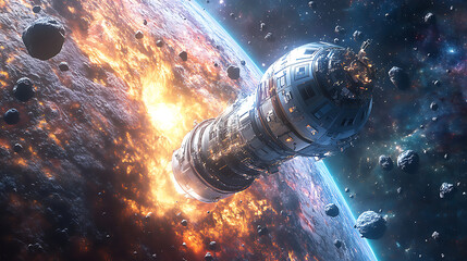 A space ship is in the middle of a fiery explosion