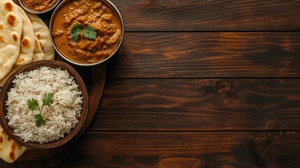 Close-up of Indian food with rice, naan bread, and curry on a dark wood background.