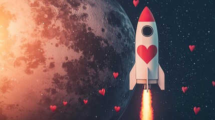A whimsical rocket with a heart design soaring through space, surrounded by floating hearts and an enchanting moon in the background.