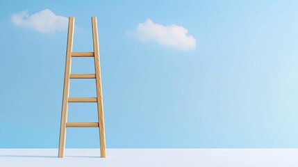 A minimalistic wooden ladder standing against a clear blue sky with a few clouds, symbolizing aspirations and climbing to new heights.