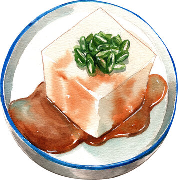 hiyayakko, tofu suace, japanese food, hand-drawn watercolor painting illustration