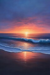 Fototapeta premium A serene sunset over the ocean, showcasing vibrant hues of orange and purple, reflecting on gentle waves washing up on a sandy shore.