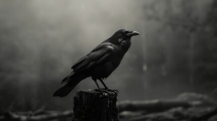 Fototapeta premium mysterious crow in misty forest
